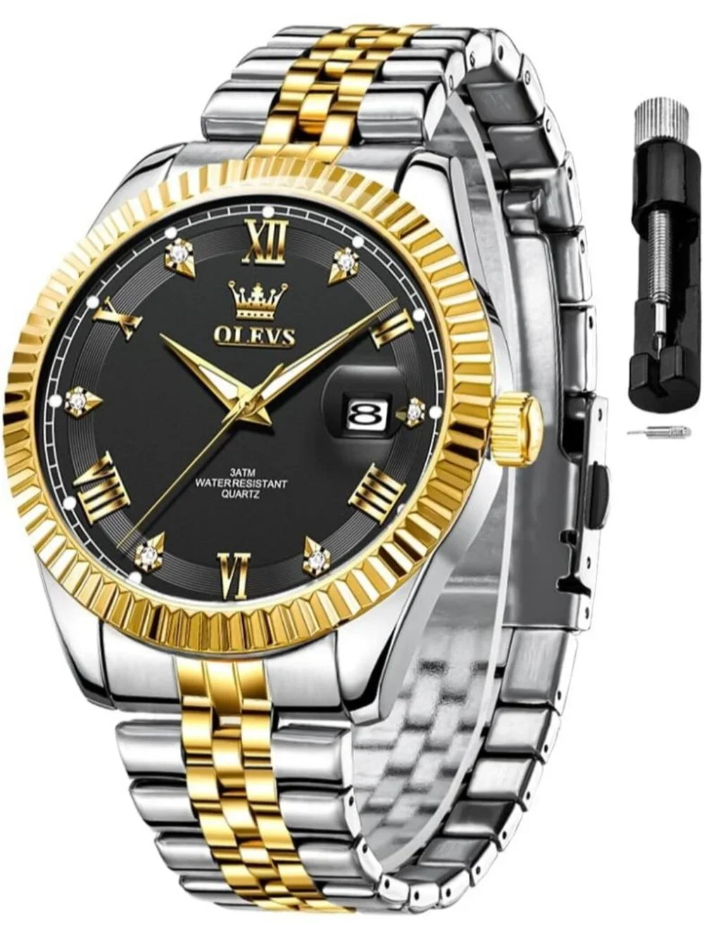 Men's Gold Black Diamond Classic Analog Stainless Steel Waterproof Wrist Watch
